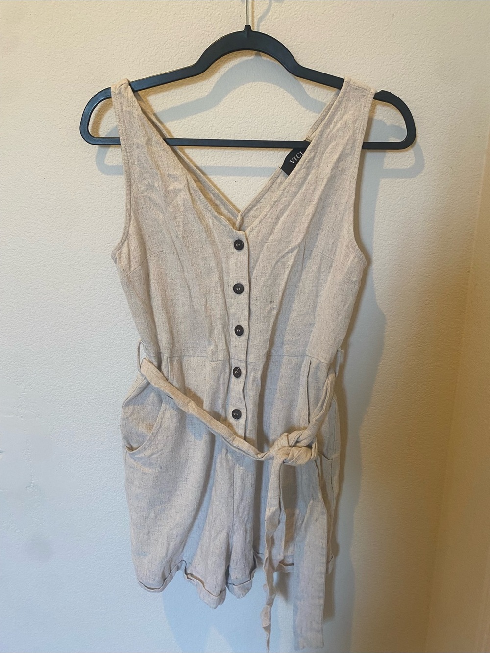 Vici Linen Blend Sleeveless Button-Front Romper in Beige
